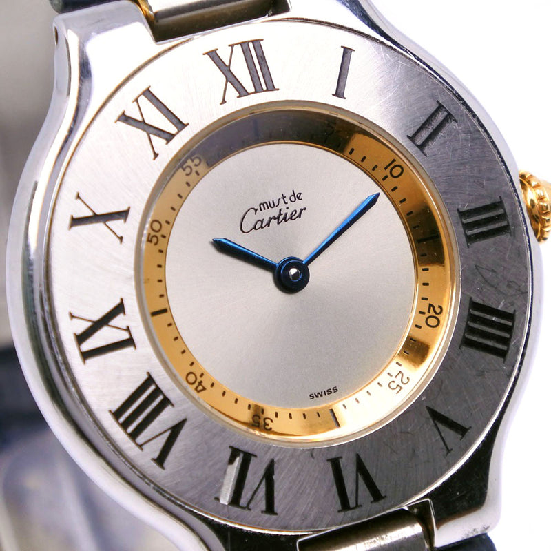 [卡地亚]卡地亚 
 必须21手表 
 不锈钢X皮革银石英模拟显示银盘拨号盘21女士A级