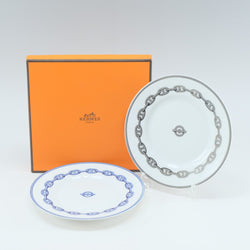 【HERMES】エルメス
 シェーヌダンクル 食器
 プレート×2 ポーセリン ブルー＆シルバー Chaine d’Ancre _Sランク