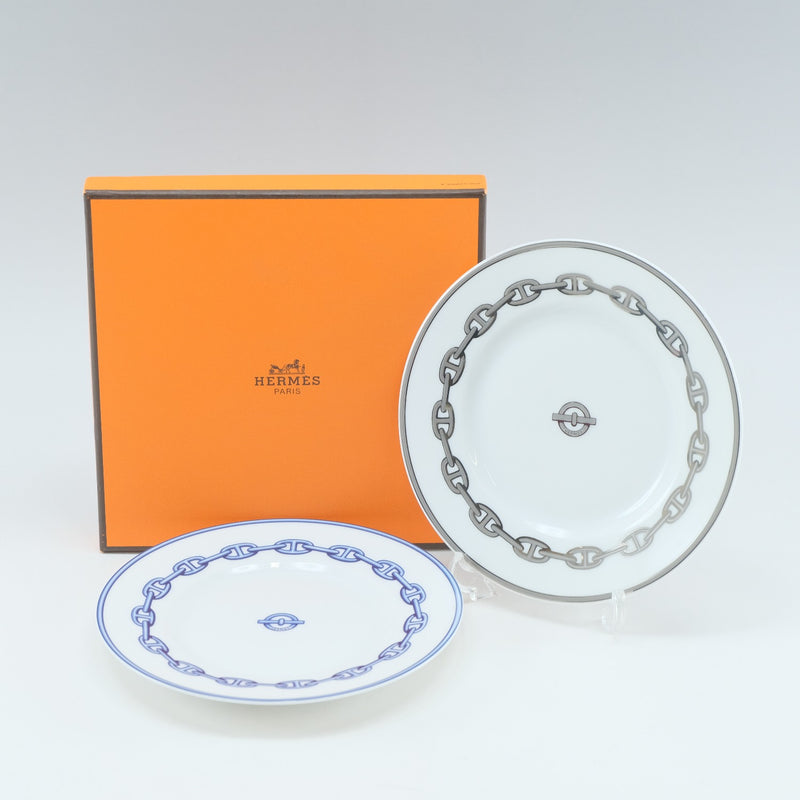 【HERMES】エルメス
 シェーヌダンクル 食器
 プレート×2 ポーセリン ブルー＆シルバー Chaine d’Ancre _Sランク