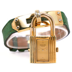 [Hermes] Hermes 
 Reloj Kelly Watch 
 Chapado dorado x cuero verde 〇w grabado analógico exhibición analógica dial kelly reloj damas