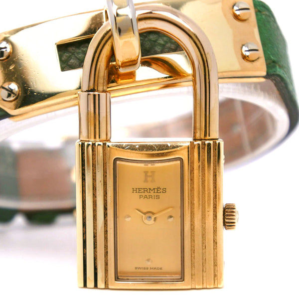 [HERMES] Hermes Kelly Watch Watch Plated Gold× Leather green 〇W engraving Quartz Analog display Gold dial Kelly Watch Ladies