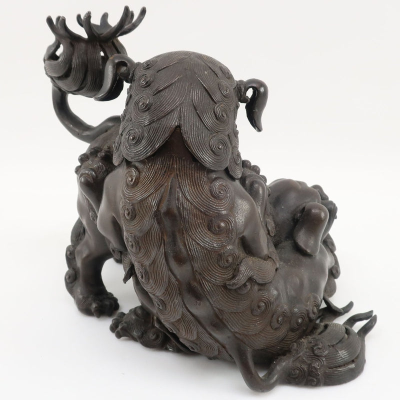 高岡銅器 大峰 作 蝋型鋳銅製 【 戯れ獅子 香炉 】 置物 オブジェ