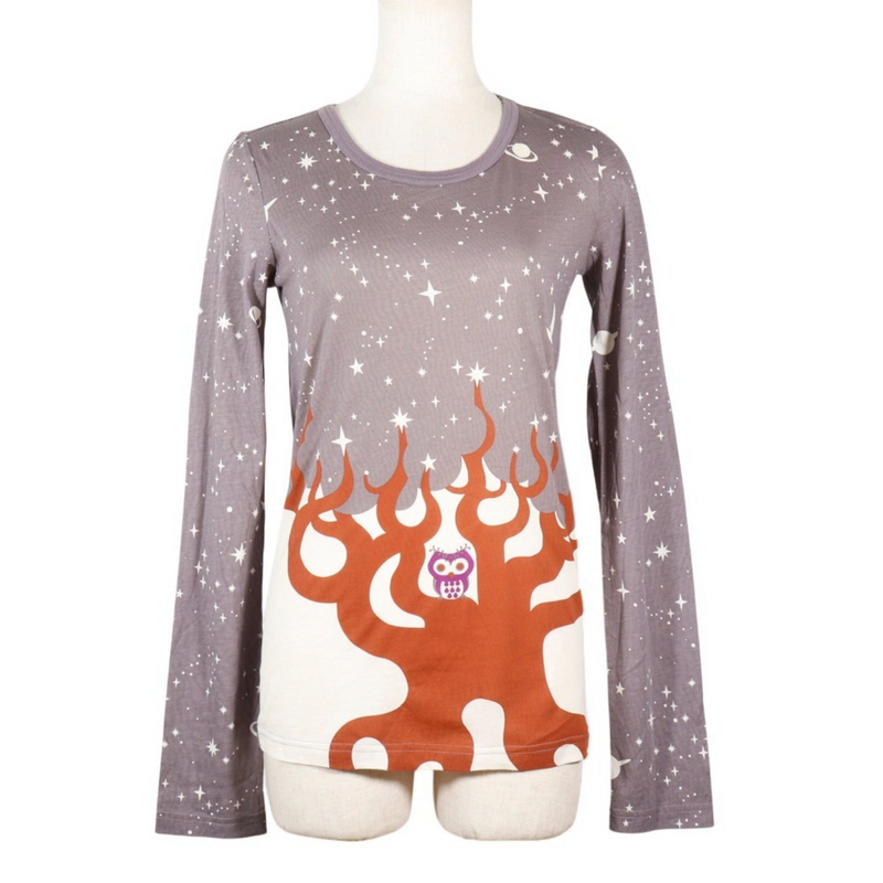 NISHIKINO VINTAGE KYOTOのMARC JACOBS製グレーのコットン長袖Tシャツ。星空とフクロウのグラフィックが特徴。