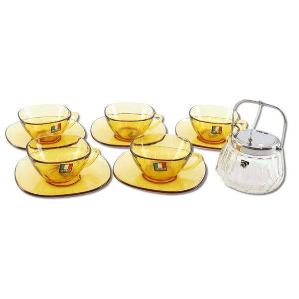 [Vereco] Beleco 
 CUP & SAUCER 5 TECLA DE CLIENTES SETWARE 
 Francia de vidrio ámbar con taza de olla de azúcar y platillo 5 set_s rango