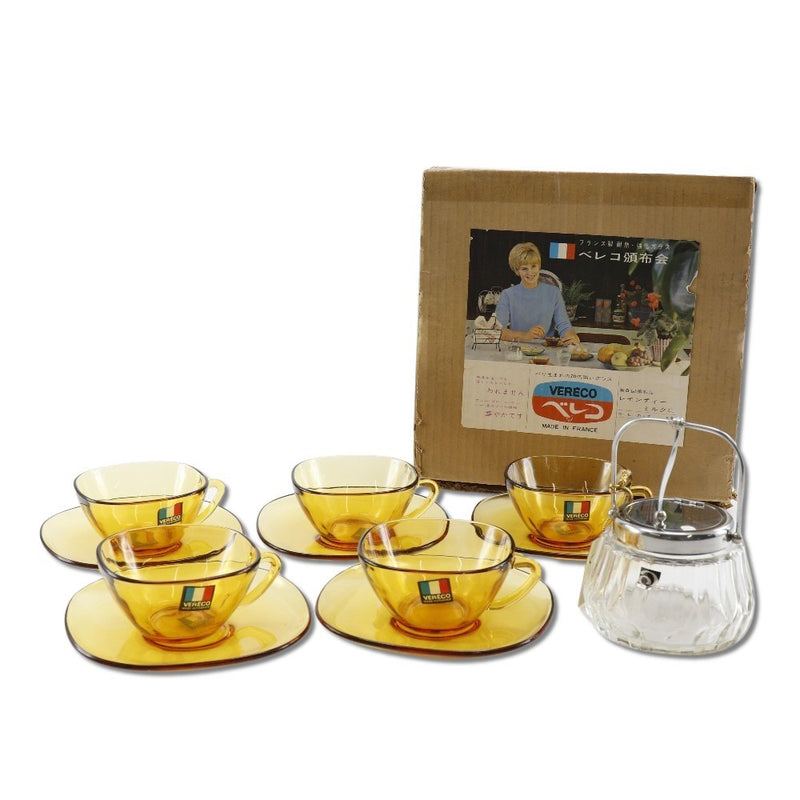 [Vereco] Beleco 
 Cup & Saucer 5 customer set tableware 
 Amber glass France with sugar pot CUP AND SAUCER 5 Customer Set_s Rank