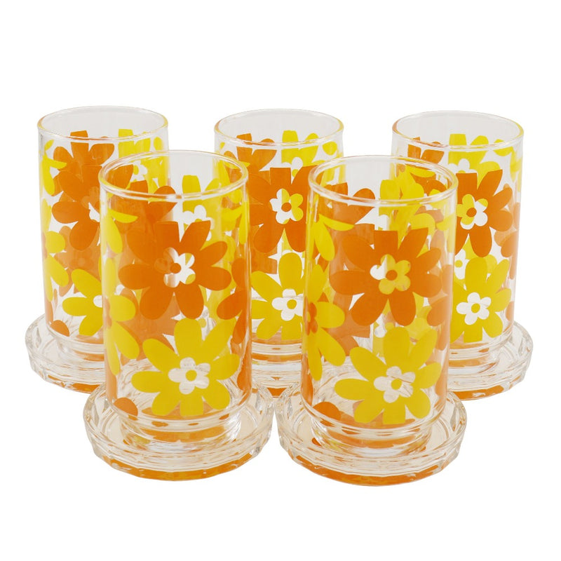 【HOYA CRYSTAL】ホヤクリスタル
 花柄グラス&コースター グラス
 昭和レトロ ガラス製 5客セット Floral pattern glass and coaster _SAランク