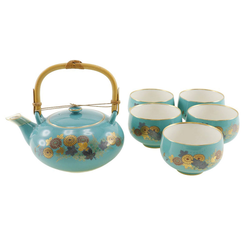 【KORANSYA】香蘭社
 茶器揃 菊柄 食器
 急須セット グリーン 金彩 湯吞み5客 Tea set with chrysanthemum design _