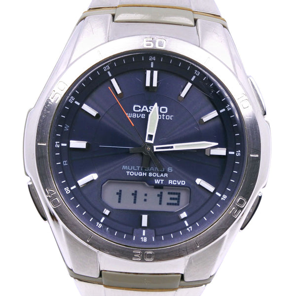 【CASIO】カシオ
 wave ceptor ウェーブセプター 腕時計
 WVA-M640 ステンレススチール シルバー ソーラー電波時計 アナデジ表示 ネイビー文字盤 wave ceptor wave ceptor メンズB-ランク