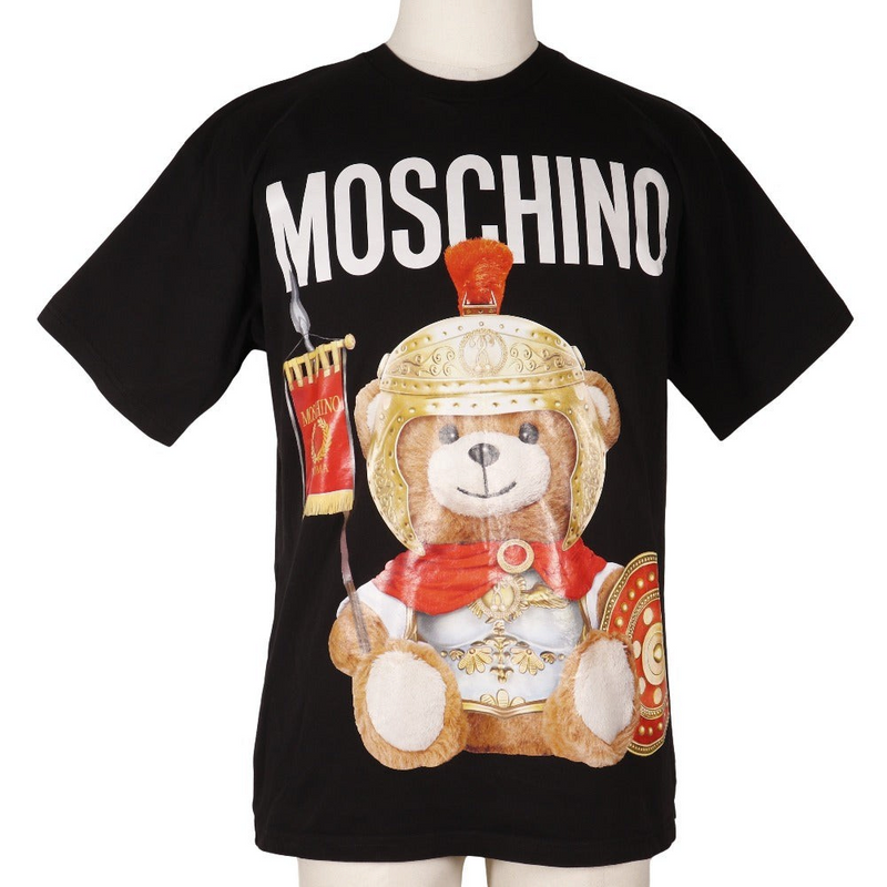NISHIKINO VINTAGE KYOTOの黒いコットン製モスキーノ半袖Tシャツ。ローマ騎士のテディベアがプリントされたデザイン。