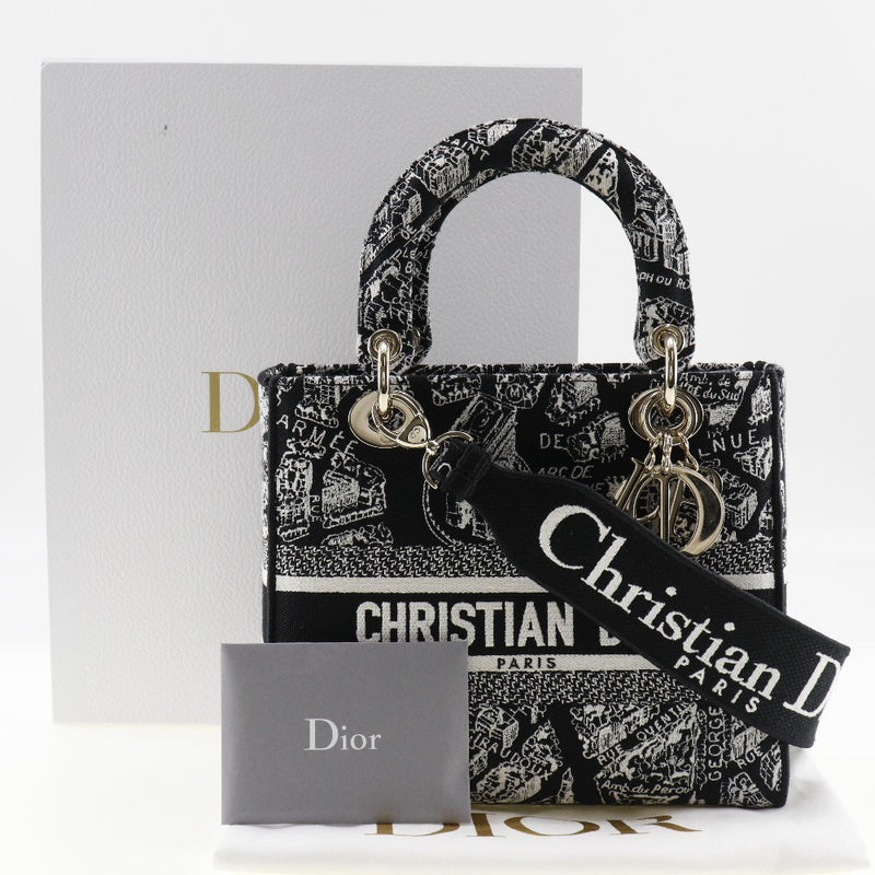 [Dior] Christian Dior 
 Lady D-Lite Medium Handbag 
 Plandu Paris Embroidery M0565OOMP_M993 Cotton Black Diagonal Handscape 2WAY A5 Flap Lady D-Lite Medium Ladies A+Rank