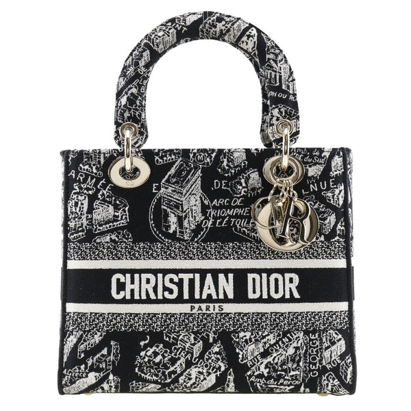 [Dior] Christian Dior 
 Lady D-Lite Medium Handbag 
 Plandu Paris Embroidery M0565OOMP_M993 Cotton Black Diagonal Handscape 2WAY A5 Flap Lady D-Lite Medium Ladies A+Rank