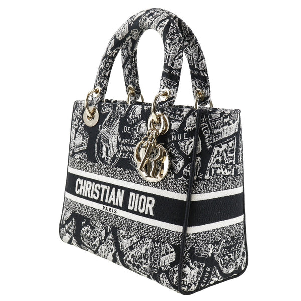 [Dior] Christian Dior 
 Lady D-Lite Medium Handbag 
 Plandu Paris Embroidery M0565OOMP_M993 Cotton Black Diagonal Handscape 2WAY A5 Flap Lady D-Lite Medium Ladies A+Rank