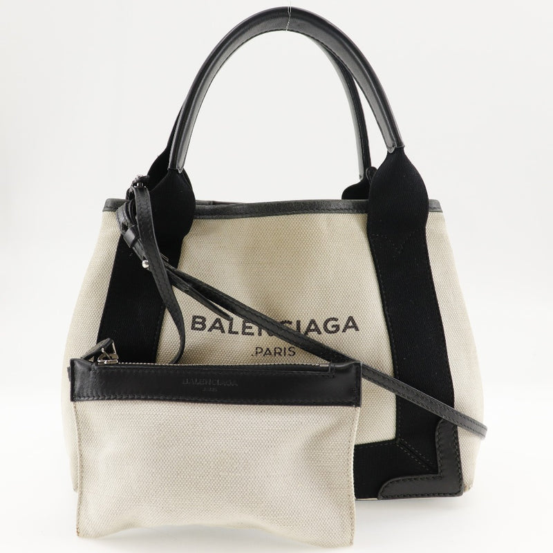 [BALENCIAGA] Balenciaga Navy Ca Bass XS Handbag Cotton Natural/Black Diagonal Handscape 2WAY A5 Open Navy Cabas XS Women's B-Rank