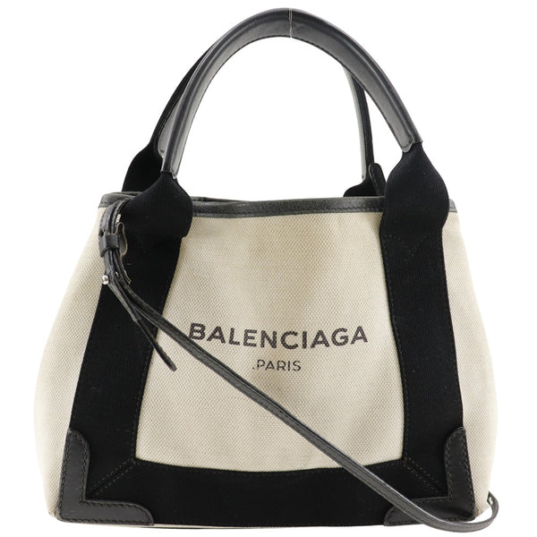 [Balenciaga] Balenciaga Navy Bass Xs Handbag Cotton Natural / Noir Diagonal Handscape 2way A5 Open Navy Cabas XS Ladies B-Rank