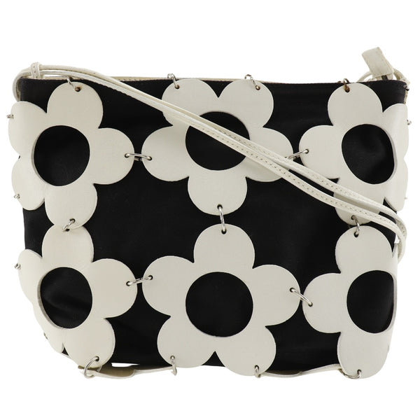 [Celine] Bolso de hombro de flores de Celine cuero x lienzo de la harina de sujetador de hombro blanco/negro