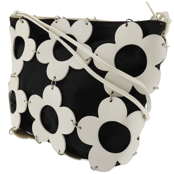 [Celine] Bolso de hombro de flores de Celine cuero x lienzo de la harina de sujetador de hombro blanco/negro