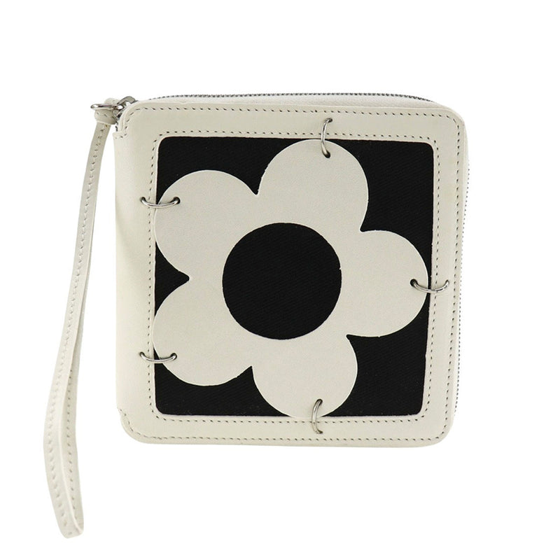 [Céline] Céline Flower Bi - Portefeuille en cuir x toile off Blanc / Noir Farine Farine Mesdames