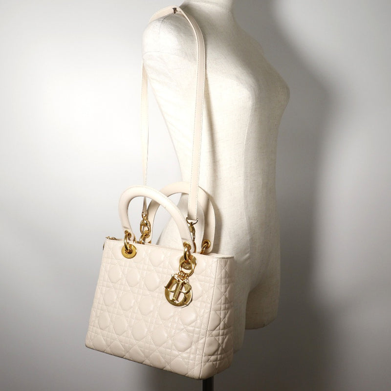 [DIOR] Christian Dior Ladies Dior Handbag Kanage 2way Shoulder Beshive Leather Beige Shoulder Handbag 2way A5 패스너 레이디 디올 숙녀