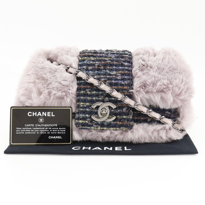 【CHANEL】シャネル
 チェーンショルダー ショルダーバッグ
 ダブルチェーン ツイード×ラビットファー ピンク/青 肩掛け ターンロック ChainShoulder レディースA-ランク