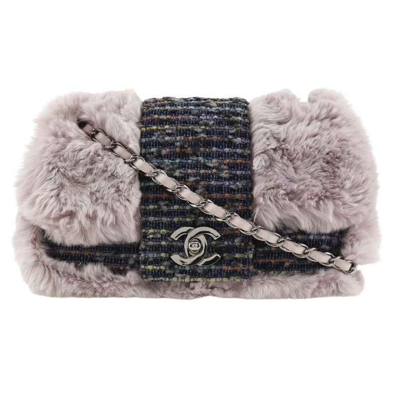 [Chanel] Chanel Chanel Spolder Sac à bandoulière double chaîne tweed x lapin fourrure rose / bleu serrure de serrure de chaîne d'éouélettes