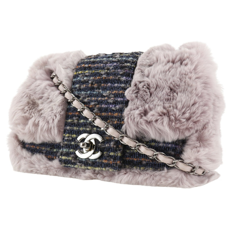 [Chanel] Chanel Chanel Spolder Sac à bandoulière double chaîne tweed x lapin fourrure rose / bleu serrure de serrure de chaîne d'éouélettes