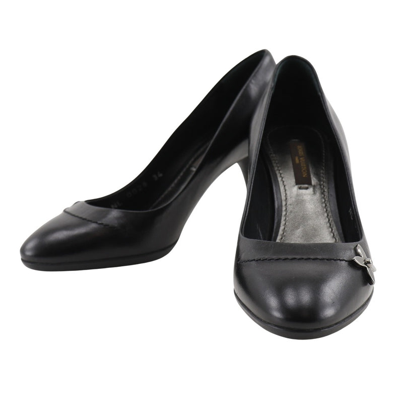 [Louis Vuitton]LOUIS VUITTON Monogram Flower Pumps Round toe Leather Black NL0028 engraved MONOGRAM Flower Ladies