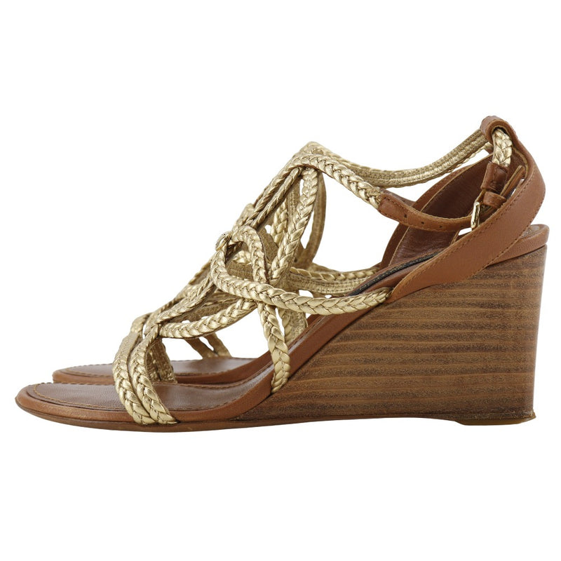 [Louis Vuitton]LOUIS VUITTON
 Wedge sole sandals 
 Leather x Wood Gold MA1122 engraved Wedge Sole Ladies