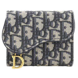 [DIOR] Christian Dior Compact Wallet 3 접힌 지갑 오무 안장 S5653 Canvas Navy Blue Snap 버튼 소형 지갑 숙녀 A-Rank