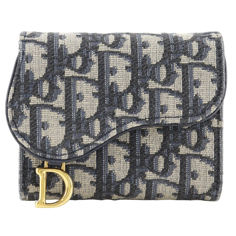 [Dior] Christian Dior Compact Willet tres billetera plegada silla de silla de sillín s5653 lienzo azul marino botón snap botón compacto damas a-rank