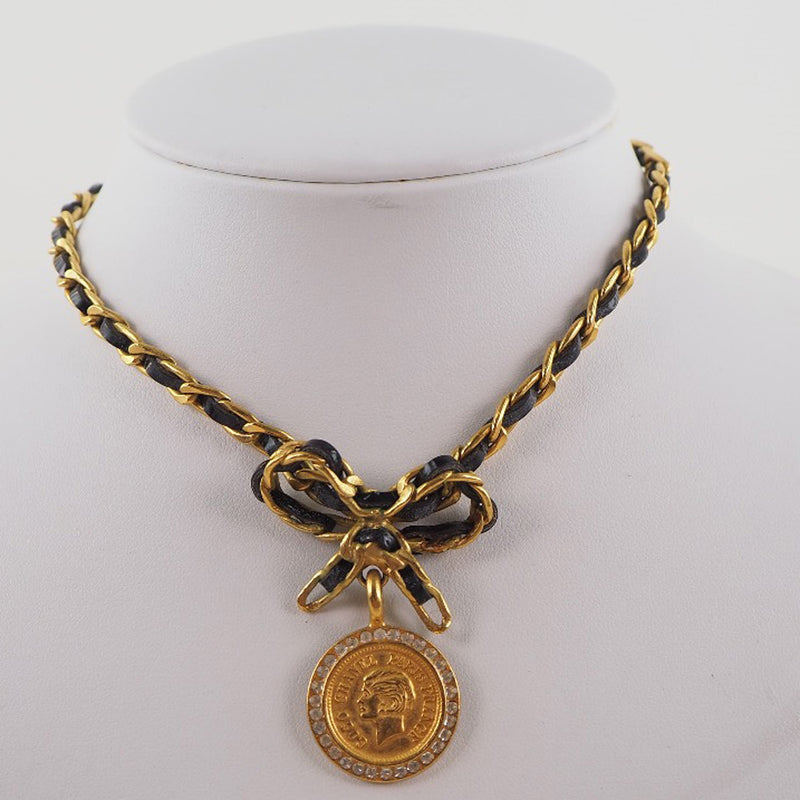 [CHANEL] Chanel 
 Coin ribbon necklace 
 Vintage choker gold plating x Rhinestone Gold 96P engraved about 23.7g Coin Ribbon Ladies