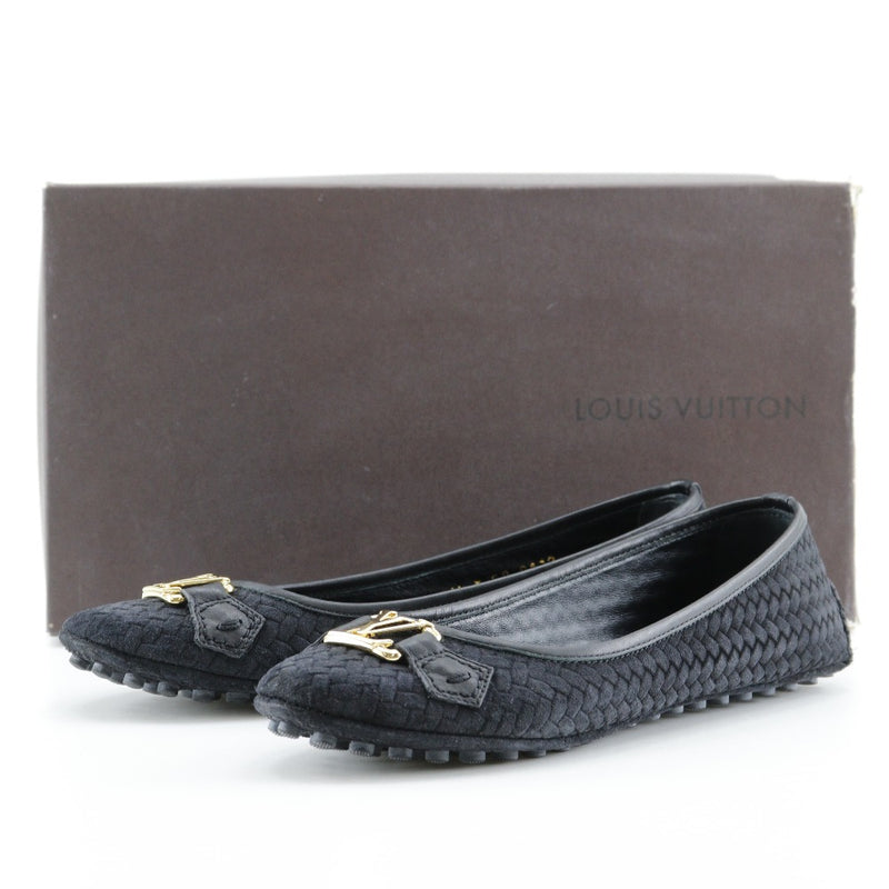 [Louis Vuitton]LOUIS VUITTON LV Logo Ballet Shoes Flat Ballerina Swed Black FA0112 Engraved Lv Logo Ladies