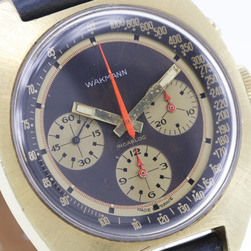 [Wakmann] Wuckman 
 Reloj Incabloc 
 Acero inoxidable x cuero cronógrafo rallado a mano dial negro incabloc hombres