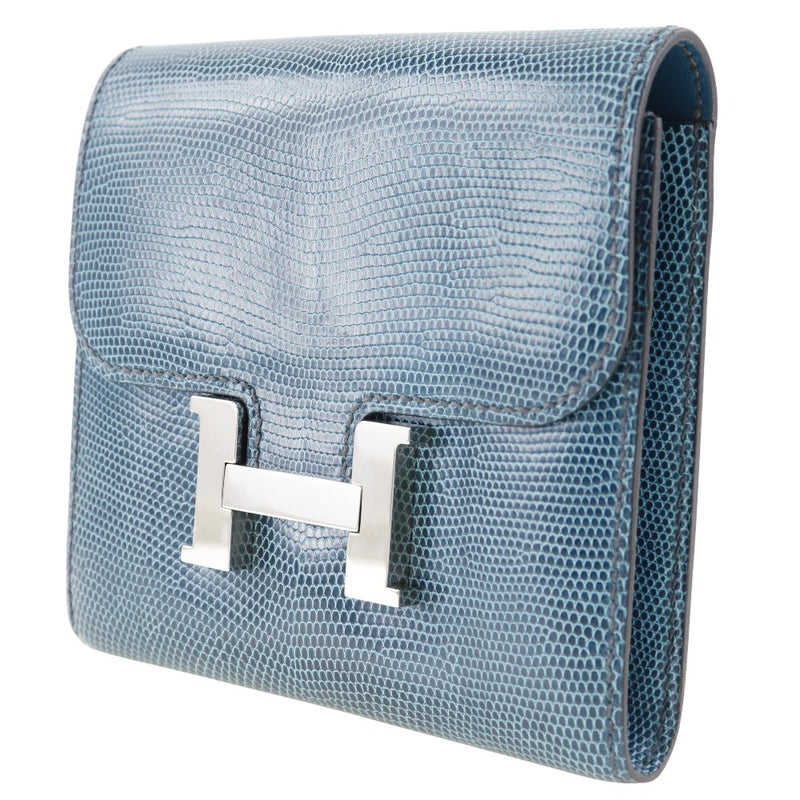 【HERMES】エルメス
 コンスタンス コンパクト 二つ折り財布
 リザード 青 □R刻印 フラップ Constance Compact ユニセックス