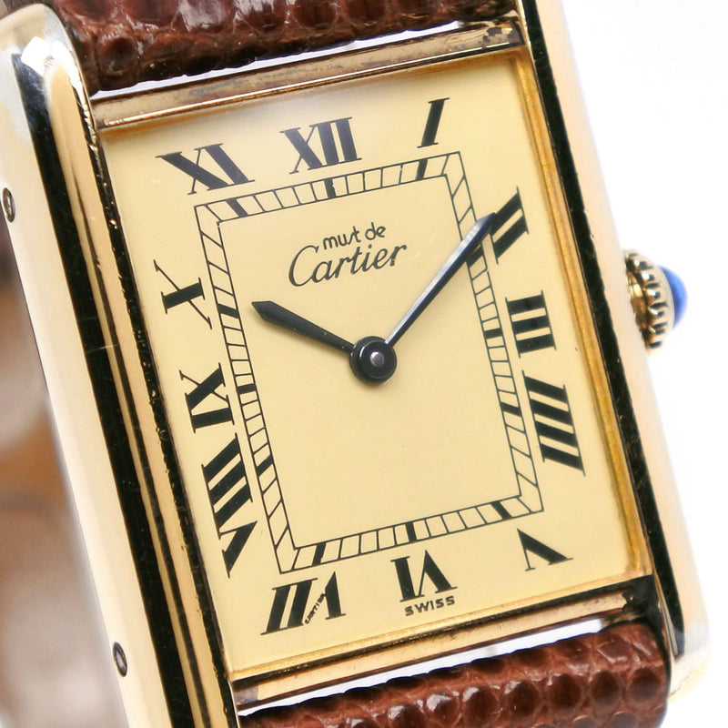 【CARTIER】カルティエ
 タンク 腕時計
 ヴェルメイユ シルバー925×リザード 茶 手巻き 黄色文字盤 tank ボーイズ