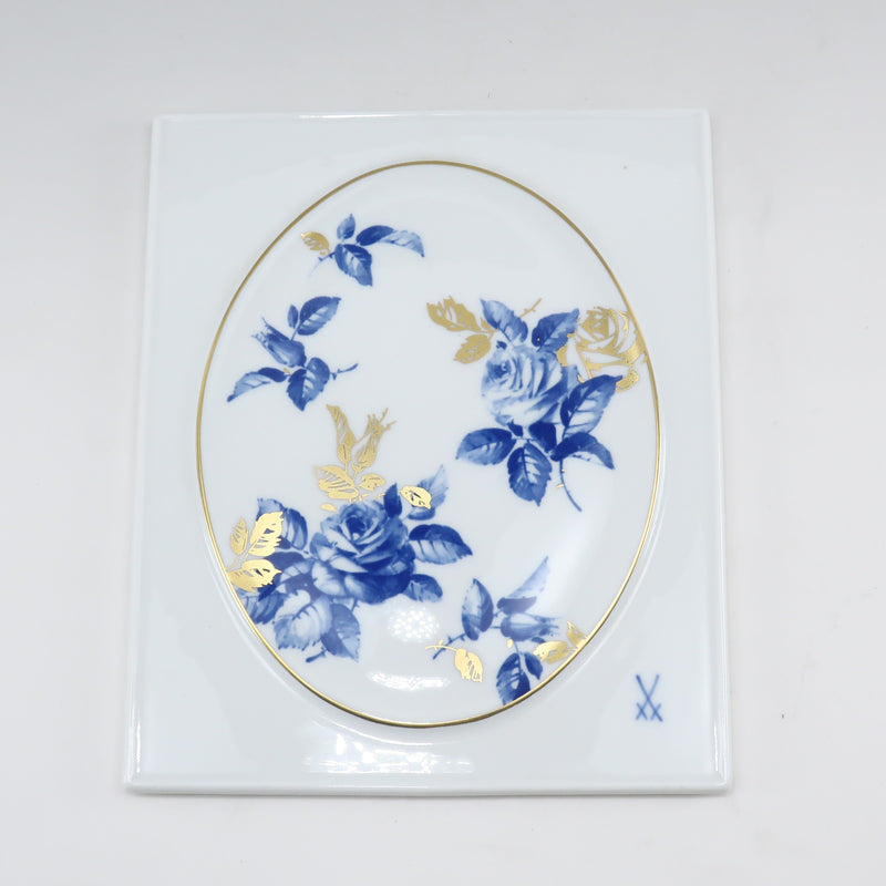 【Meissen】マイセン
 プラーク ブルーローズ オブジェ
 陶板画 53943 ポーセリン plaque blue rose _Aランク