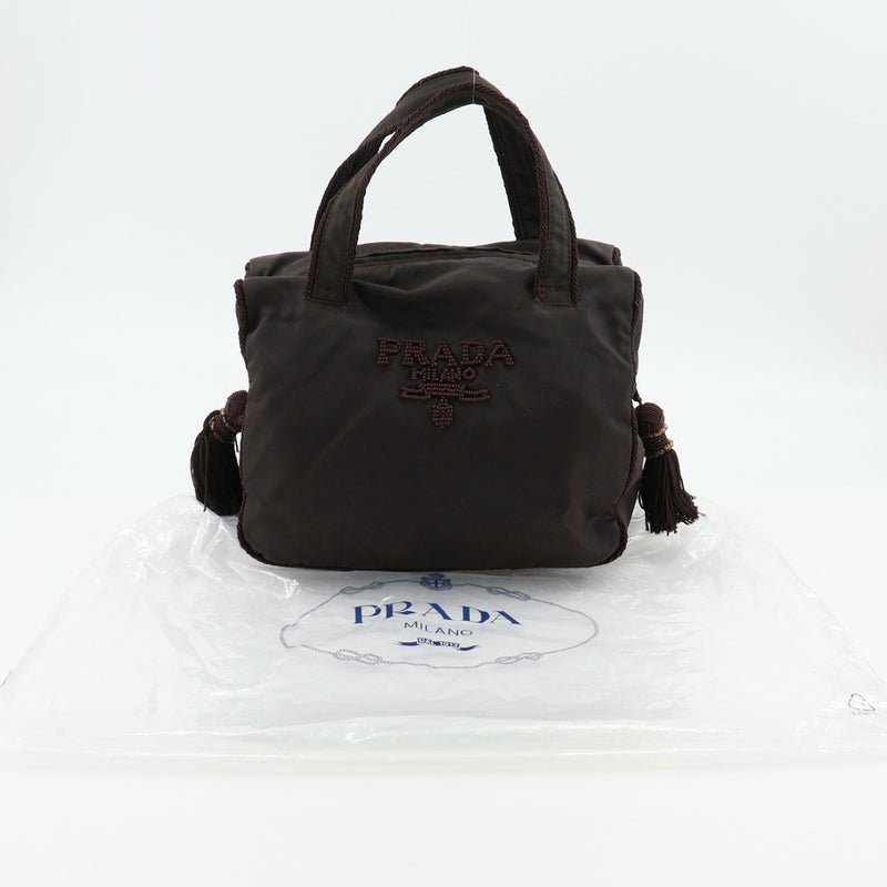 [PRADA]PRADA
 bolso de mano con logo y cuentas 
 B3763 Bolso de mano de nailon marrón, cremallera A5 con logo de cuentas para mujer