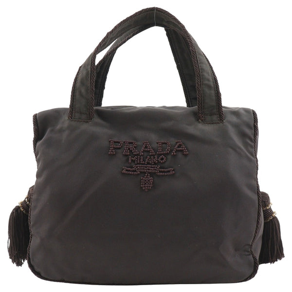 【PRADA】プラダ
 ビーズロゴ ハンドバッグ
 B3763 ナイロン 茶 手提げ,A5 ファスナー Beads logo レディース