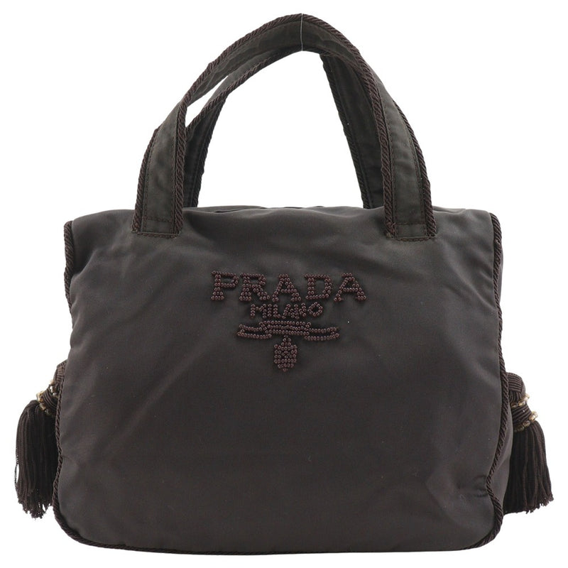 [PRADA]PRADA
 bolso de mano con logo y cuentas 
 B3763 Bolso de mano de nailon marrón, cremallera A5 con logo de cuentas para mujer