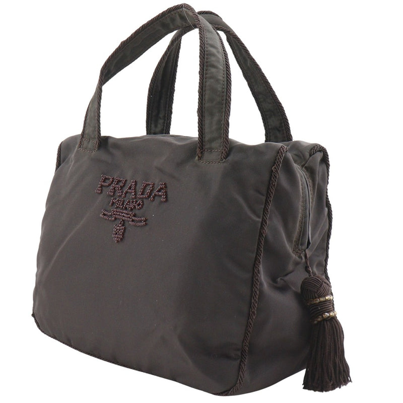 [PRADA]PRADA
 bolso de mano con logo y cuentas 
 B3763 Bolso de mano de nailon marrón, cremallera A5 con logo de cuentas para mujer