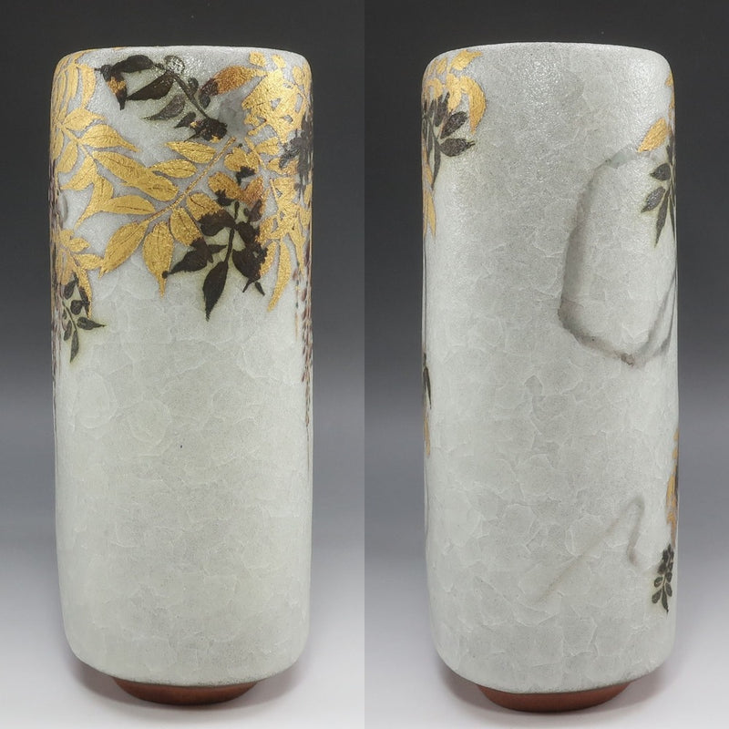 [kyoyaki] Kyoto ware by Soji Suzuki Colored gold and silver painting Wisteria and four-pointed sparrow flat jar vase