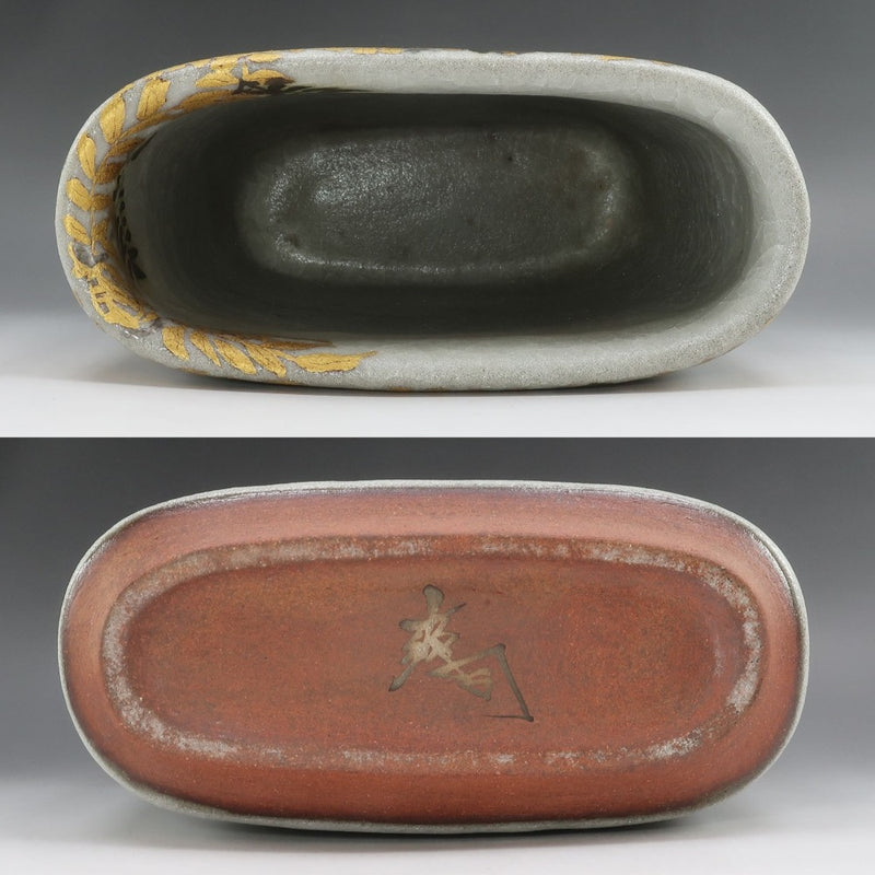 [kyoyaki] Kyoto ware by Soji Suzuki Colored gold and silver painting Wisteria and four-pointed sparrow flat jar vase