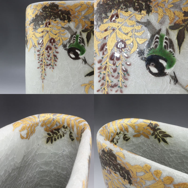 [kyoyaki] Kyoto ware by Soji Suzuki Colored gold and silver painting Wisteria and four-pointed sparrow flat jar vase