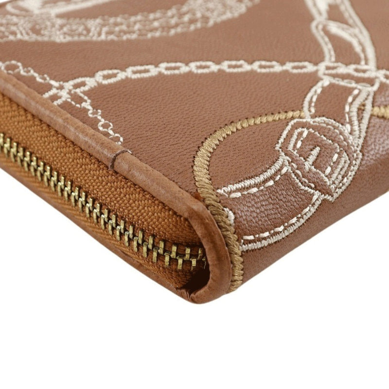 [Endymion Spring] Endimion Spring 
 Genuine leather embroidery Purse
 Zip Around Browncolor Fastener Genuine Leather Embroidery Ladies A+Rank