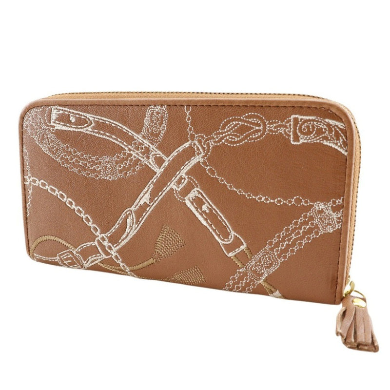 [Endymion Spring] Endimion Spring 
 Genuine leather embroidery Purse
 Zip Around Browncolor Fastener Genuine Leather Embroidery Ladies A+Rank