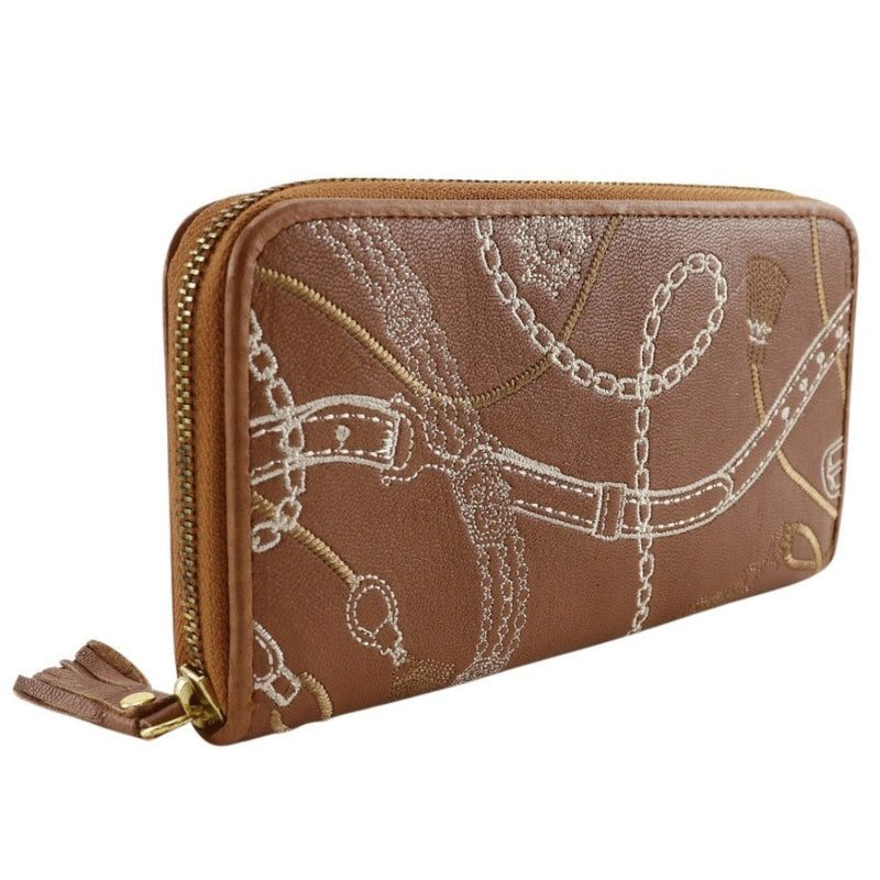 [Endymion Spring] Endimion Spring 
 Genuine leather embroidery Purse
 Zip Around Browncolor Fastener Genuine Leather Embroidery Ladies A+Rank