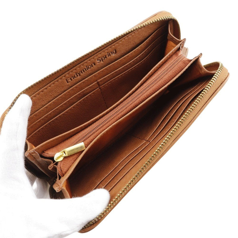 [Endymion Spring] Endimion Spring 
 Genuine leather embroidery Purse
 Zip Around Browncolor Fastener Genuine Leather Embroidery Ladies A+Rank