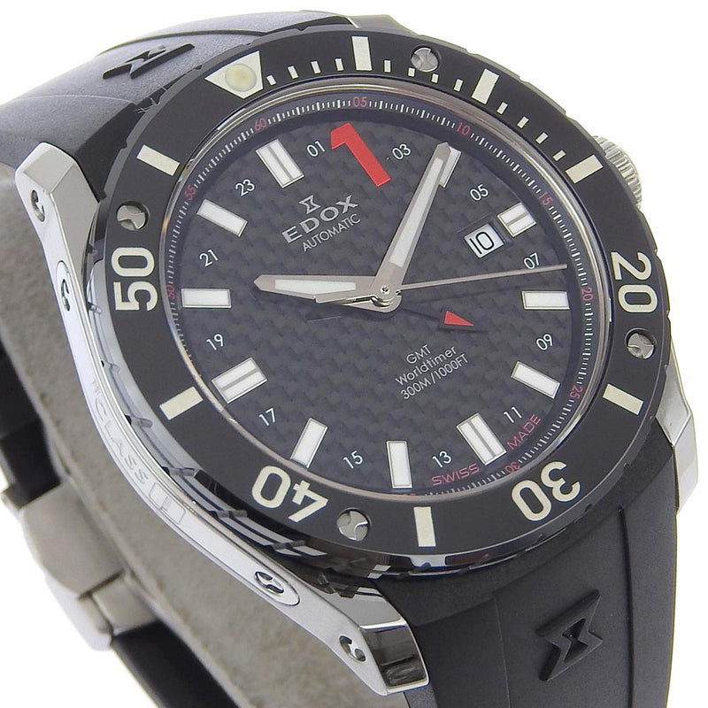 【EDOX】エドックス
 クラスワン 腕時計
 GMT ワールドタイム 93005-3-NIN ステンレススチール×ラバー 自動巻き 黒文字盤 Class one メンズA-ランク