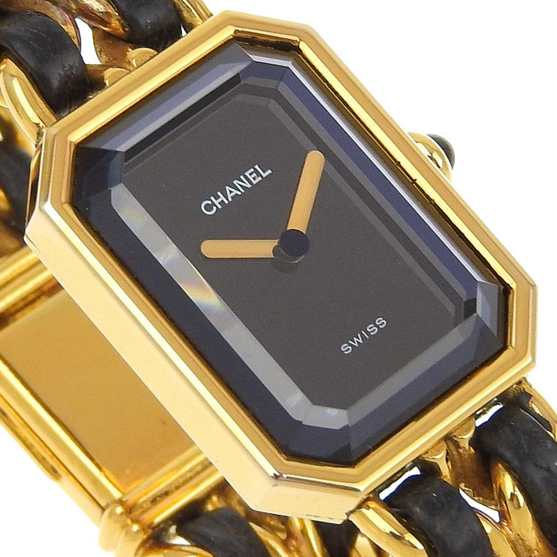 [Chanel] Chanel 
 Premiere m reloj 
 H0001 chapado en oro x cuarzo de cuero dial negro estreno m damas