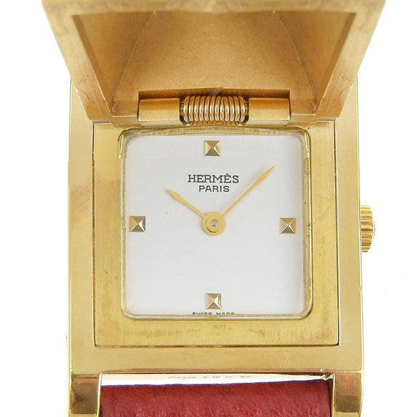 [Hermes] Hermes 
 Reloj Medor 
 ME1.201 chapado de oro x vino de cuero rojo ○ z grabada de cuarzo analógico visual