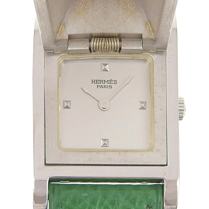 [헤르메스] 헤르메스 
 Medor Watch 
 Me1.250 Silver 925 x 가죽 녹색 ○ z 조각 된 석영 실버 다이얼 Medor Ladies